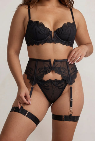 Women's lingerie set four pieces with thigh bands and gloves - FLAME Black 