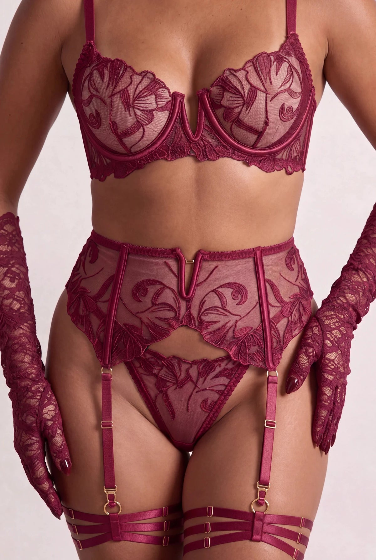 Porte-jarretelles + tours de cuisse + gants - FLAME Bordeaux - NAKED Underwear FR
