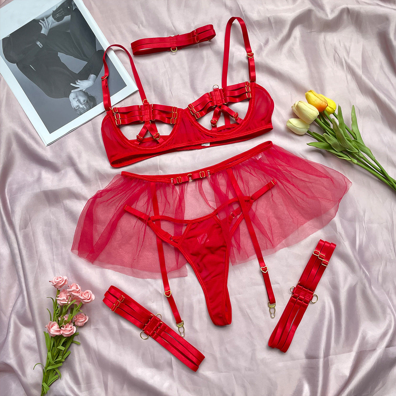 Ensemble lingerie trois pièces - tour de cou et tour de cuisses inclus - VALENTIN Rouge - NAKED Underwear FR